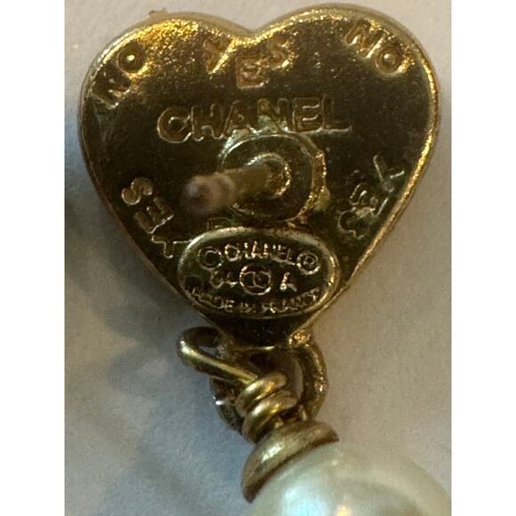 Chanel Vintage Black Heart and Faux Pearl Dangle Pierced Earrings 04A Authentic - Picture 3 of 7